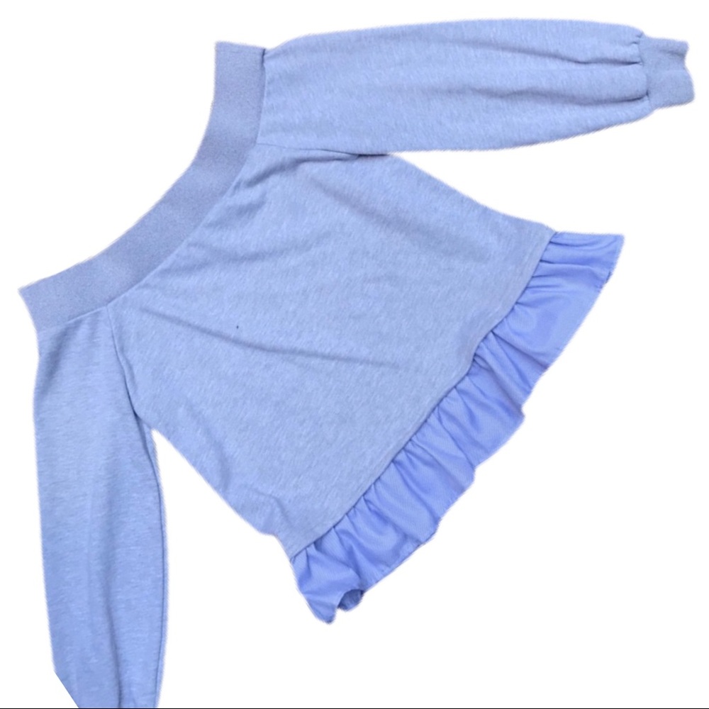 AFTER MARKET Grey Crew Neck Sweater with Blue & White Stripes Pleated Hem Detail